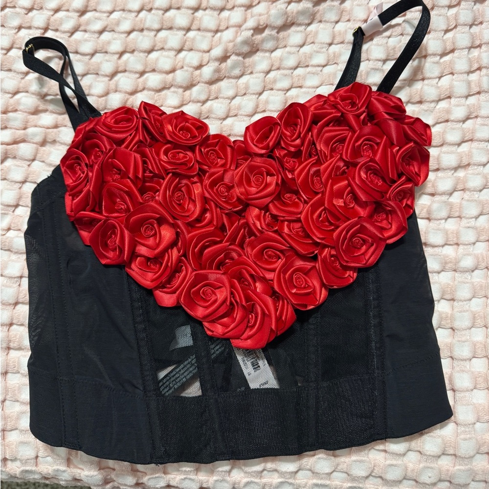 Victoria's Secret Black Corset Top with Red Rose Detail